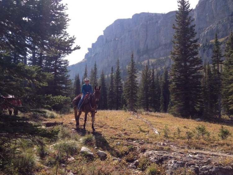 Jeni Garcin, on a mule in front of the Chinese Wall in the Bob Marshall Wilderness.