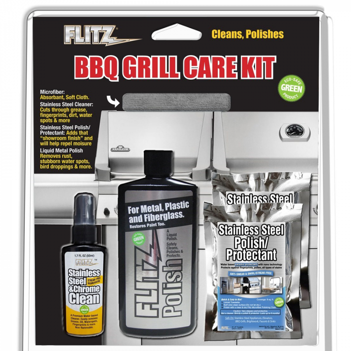Flitz Flitz BBQ Grill Care Kit w/Liquid Metal Polish, Stainless Steel Cleaner, Stainless Steel Polish/Protectant Towelettes & Microfiber Cloth - $22.29 at Everest