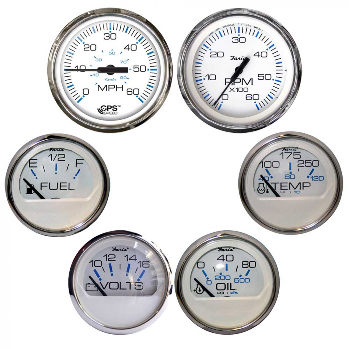 Faria Beede Instruments Faria Chesapeake White w/Stainless Steel Bezel Boxed Set of 6 - Speed, Tach, Fuel Level, Voltmeter, Water Temperature & Oil PSI - Inboard Motors - $459.99 at Everest
