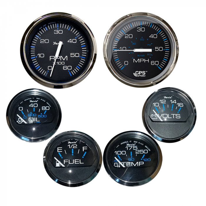 Faria Beede Instruments Faria Chesapeake Black w/Stainless Steel Bezel Boxed Set of 6 - Speed, Tach, Fuel Level, Voltmeter, Water Temperature & Oil PSI - Inboard Motors - $459.99 at Everest