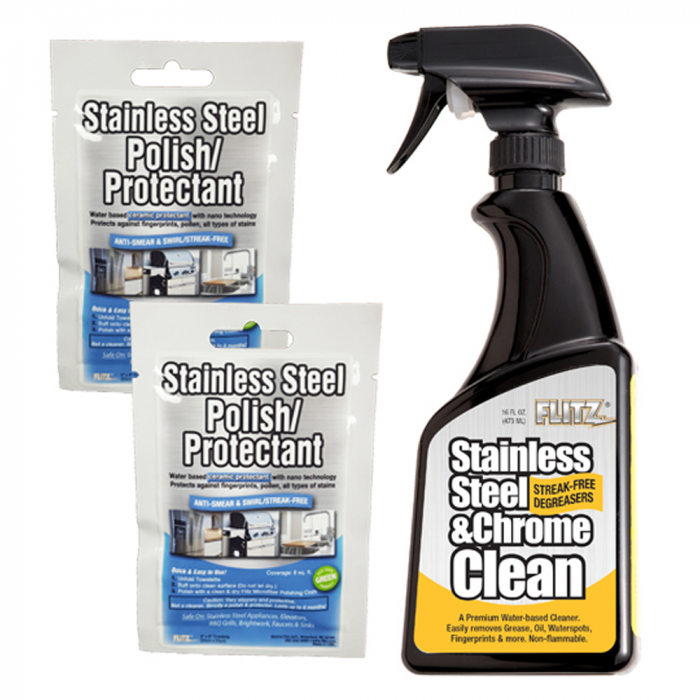 Flitz Flitz Stainless Steel & Chrome Cleaner w/Degreaser 16oz Spray Bottle w/2 Stainless Steel Polish/Protectant Towelette Packets - $14.90 at Everest