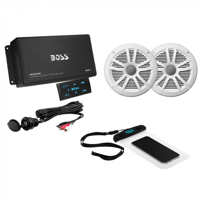 Boss Audio Boss Audio ASK902B.6 Package w/4-Channel Bluetooth Amplifier w/Remote, 2 MR6W 6.5 White Speakers, USB/AUX Input & Waterproof Case - $259.99 at Everest