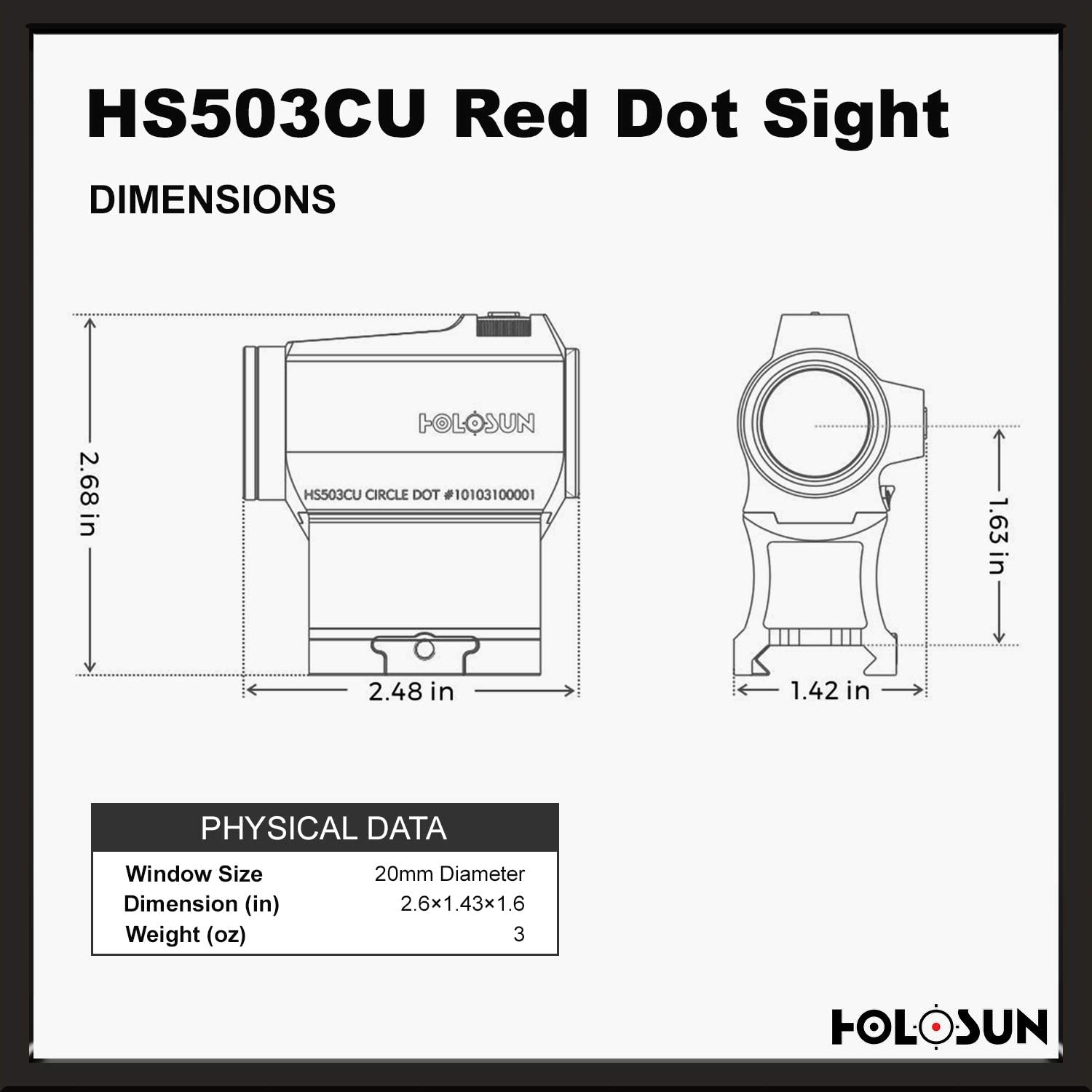 HS503CU Holosun - 1X Red Dot Sight, 2 MOA Dots, 65 MOA Circles. Matte black