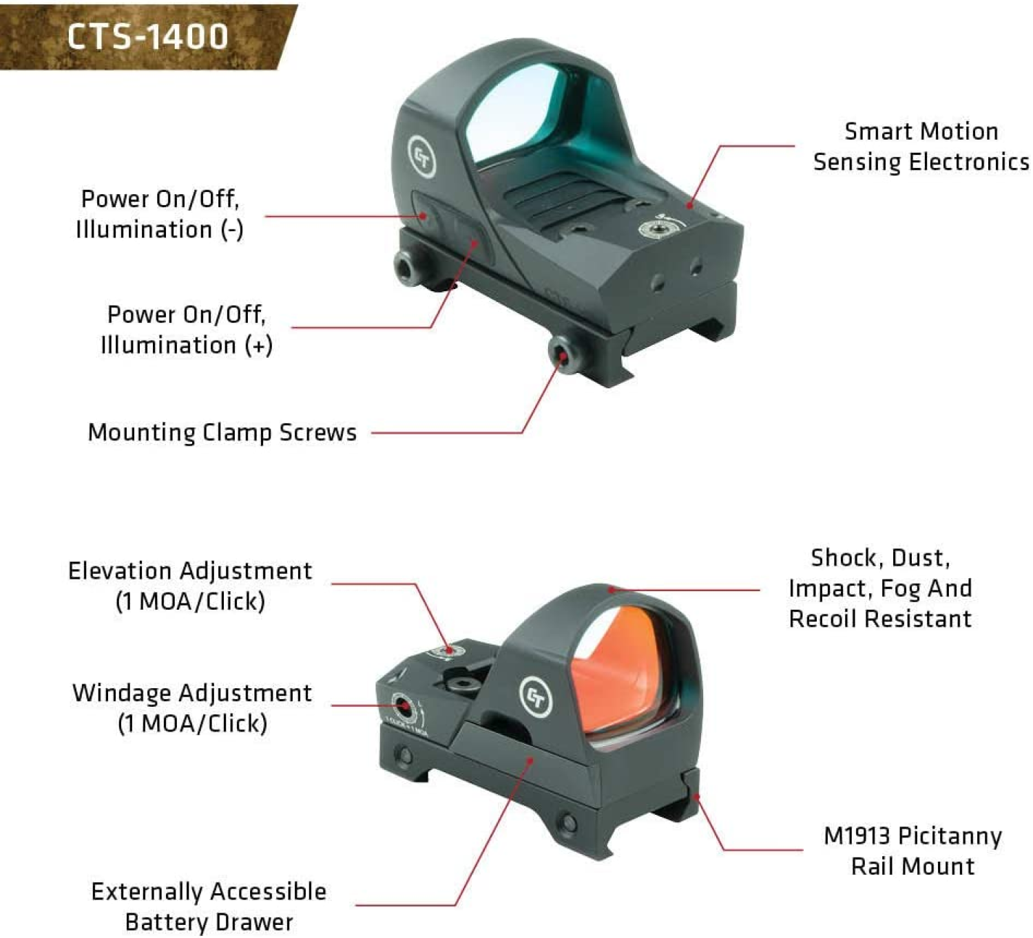Crimson Trace<Br><Br> Crimson Trace CTS-1400 Compact Open Reflex Electronic Sight with MOA Aiming Point, Brightness Control, and Rugged Construction for Rifles, Shotguns, Competition, and Shooting - $313.49 at Everest
