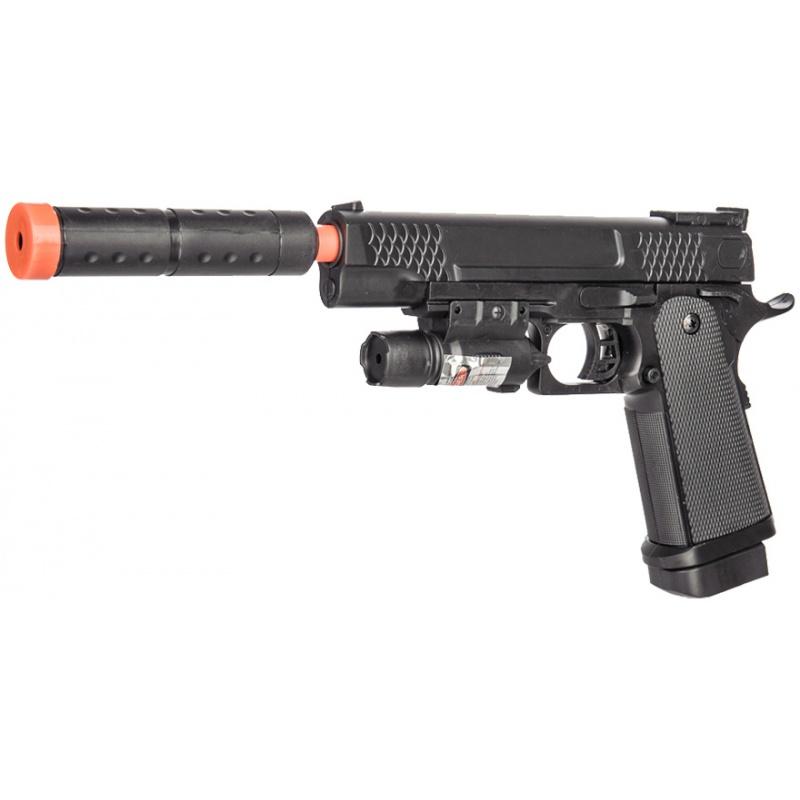 P2002C Spring Airsoft Pistol w/ Laser, Mock Extension - BLACK